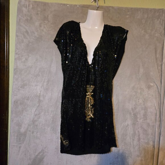 Christian Audigier Sequin Black/Gold Dark Feminine WhimsyGoth Witchy Era M Dress - Picture 3 of 7